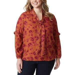 Jessica Simpson Plus NWT Penelope Floral Print Neck Tie Long Sleeve Top